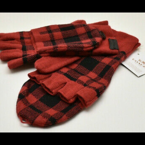 COACH Buffalo Plaid Convertible Mittens NWT Red/Bl - Picture 2 of 4